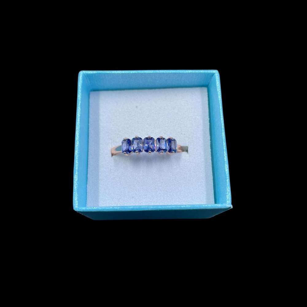 Rose Gold Colored Blue Gemstone Band Ring Elegant Romantic Stacking Anniversary - Picture 5 of 5